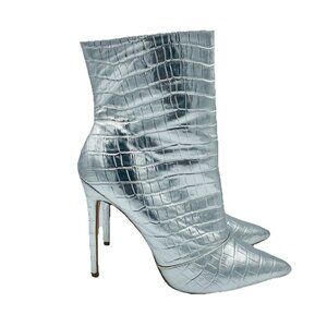 Olivia Ferguson Shoes Womens Size 8.5 Silver Croc Print Shiny Boots Zip Heels